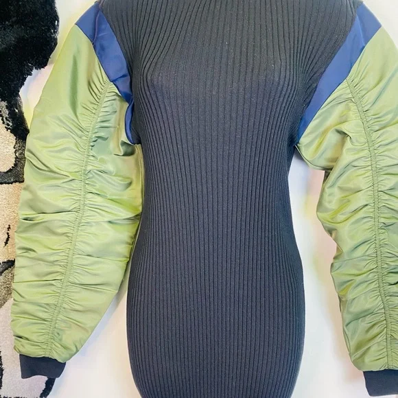 Zara Ribbed Black Midi Dress with Ruched Olive Green and Blue Bomber Sleeves - Picture 4 of 12